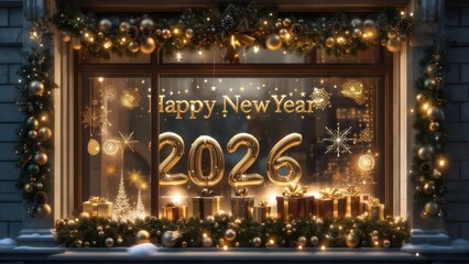 Obraz premium New Year 2026 window display with decorations