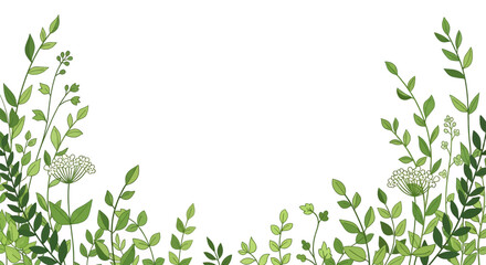 Botanical Border with Green Leaves and Flowers Natural Frame for Design Elements and Backgrounds