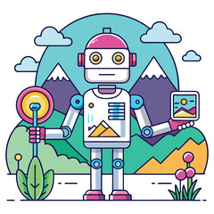 A modern robot is standing in front of a mountain landscape with a lollipop