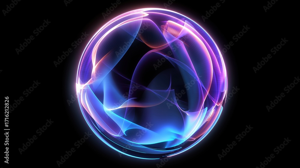 Aufkleber futuristic abstract glowing blue and purple sphere with energy flow effect on black background, mode
