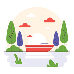Fototapeta premium Red boat sailing on a calm lake surrounded by trees and clouds in flat design