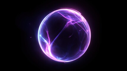 Futuristic abstract glowing blue and purple sphere with energy flow effect on black background, modern 3D rendering design element in hyperrealistic style for digital technology wallpaper concept.