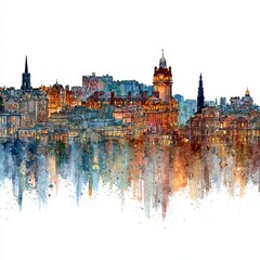 Fototapeta premium Edinburgh Skyline Watercolor: Capturing the grandeur of the city skyline, this watercolor artwork features a dynamic and colorful perspective, creating a vivid reflection of architecture.