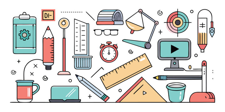 Creative studio supplies and tools collection for design and drafting work