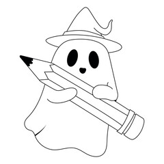 Cute Ghost in a Witch Hat Holding a Pencil Outline Illustration