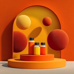 Orange and yellow spheres with bottles on podium image