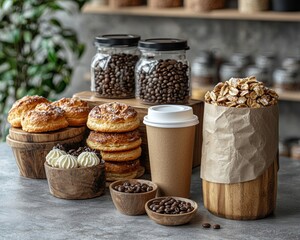 Display of baked goods, coffee beans, and drinks in a shop
