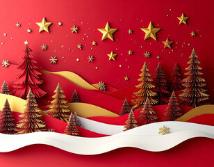 Christmas greeting card invitation with festive background of golden stars and winter trees in a celebratory environment