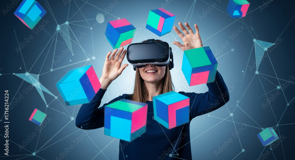 Poster woman wearing vr headset interacts with colorful 3d cubes floating in virtual space, showcasing imme