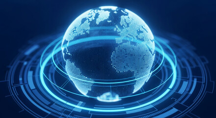 Digital globe with blue light, encircled by technological rings, showcases global network, connectivity, and digital technology, ideal for tech backgrounds