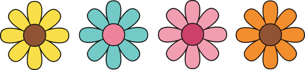 Cartoon flower icons, colorful floral graphics, eight-petal blooms, decorative elements, vibrant design, playful nature symbols, kids illustration, bright flowers, vector art, cheerful style