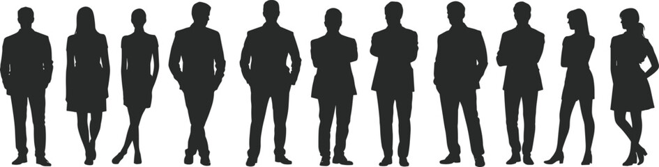 Business team silhouettes, professional figures, corporate staff icons, formal attire, career visuals, office posture, workplace diversity, black silhouettes, leadership stance, business people
