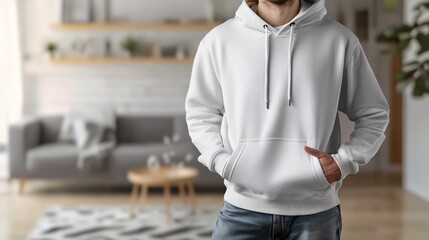 Person wearing a white hoodie standing indoors with hands in pockets.