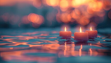 Three lit candles float on calm water, reflecting the warm, blurred sunset behind them, creating a serene and peaceful atmosphere