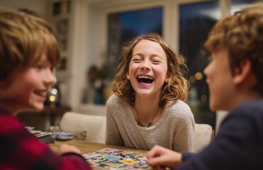 Fototapeta premium Children playing board game, laughing and having fun at home