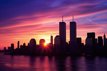 Fototapeta premium Vibrant sunset casts a warm glow over a city skyline, silhouetting skyscrapers against a colorful sky. The sun's rays create a starburst effect on the horizon, reflected in the calm water below