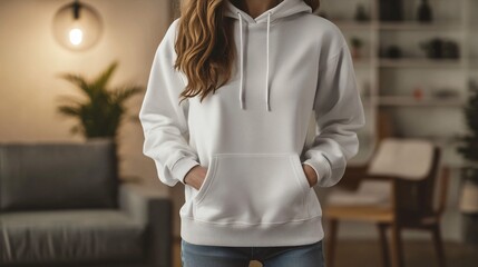 Woman in a white hoodie stands indoors with hands in pockets.