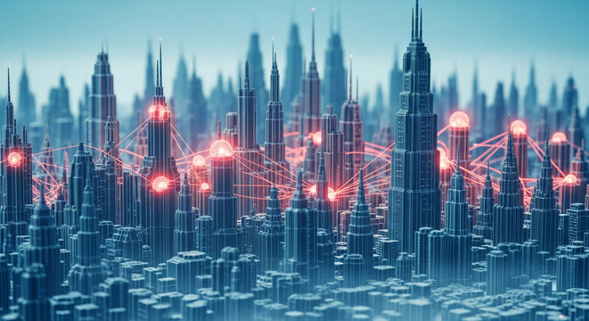 Wireframe city model, interconnected nodes glowing red, symbolizing digital network, global communication, futuristic urban landscape, technology - Powered by Adobe