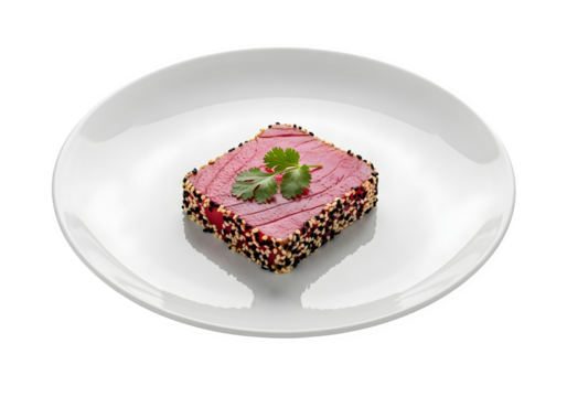 Seared ahi tuna steak with sesame seeds and parsley on a white plate isolated on transparent background, a delicious and healthy seafood dish