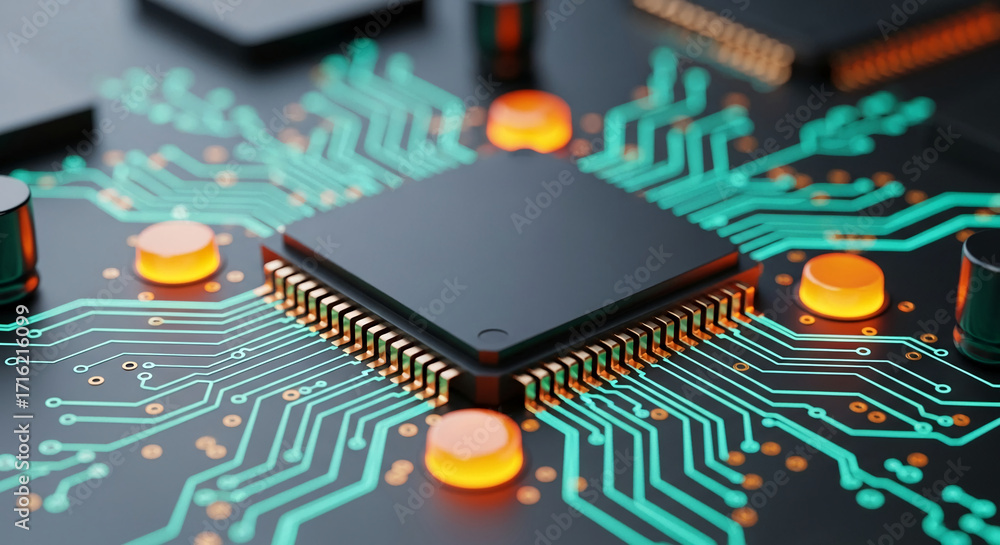 Poster close-up of a circuit board with a central processor, teal circuitry, and orange components, showcas