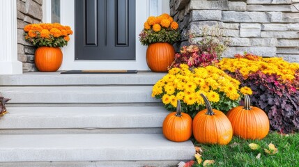 This charming front porch showcases a delightful arrangement of vibrant chrysanthemums and decorative pumpkins, embodying the spirit of autumn