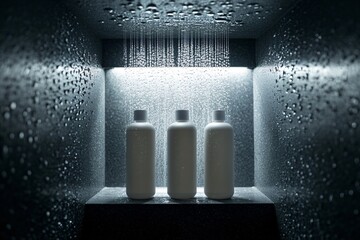Three white bottles sit on a shelf in a tiled shower with water.