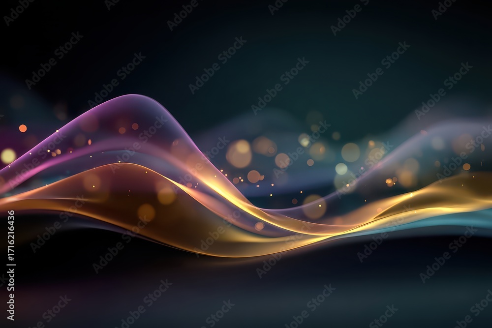 Poster colorful abstract waves on dark, teal gradient background with bokeh lights. great backdrop for tech