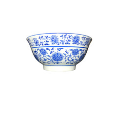 Traditional ceramic bowl with blue floral design, Chinese style porcelain dishware isolated on...