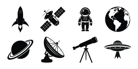 Black and white space theme clip art icons rocket satellite