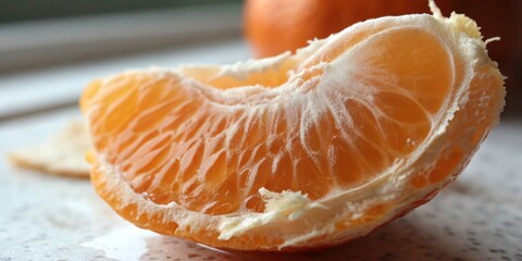 Close up of a peeled mandarin orange segment with juicy pulp