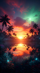 Obraz premium Vibrant tropical sunset with palm trees silhouetted against a fiery sky, reflected in calm water, creating a dreamlike, colorful landscape.