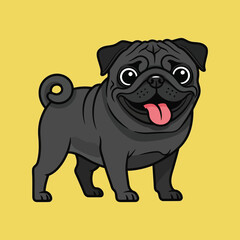 Fototapeta premium Vector art of black pug dog smiling, happy, isolated on yellow background