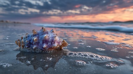 Intricate seashell on beach, soft sunset colors reflected on the wet sand. Great for travel, beach vacation or coastal life related themes.