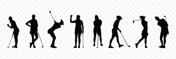Silhouette male golf golfer golfing action poses in the ground . Transparent PNG available
Silhouette illustration of golfers in various swinging and standing poses with golf clubs  . 