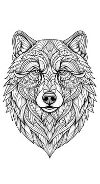Intricate wolf head illustration with detailed geometric patterns.