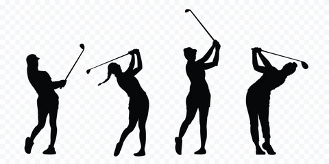 set of vector silhouette female professional golfers playing golf  . golfer, golf girls black vector silhouettes . eps 10