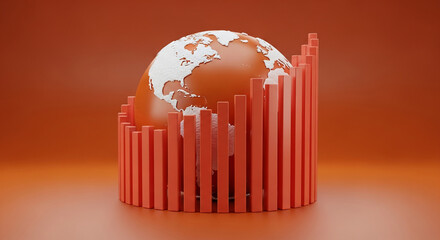 Orange globe encircled by upward trending bars, set against orange background, symbolizing global growth and economic progress, suitable for financial or business presentations