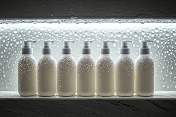 Several white bottles with pumps are lined up against a textured background.