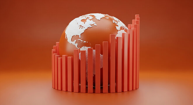 Orange globe encircled by upward trending bars, set against orange background, symbolizing global growth and economic progress, suitable for financial or business presentations - Powered by Adobe
