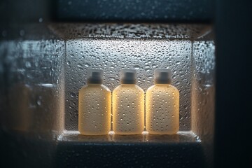 Three bottles sit on a shelf with water droplets on the glass.