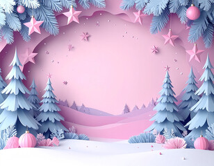 Christmas greeting card invitation background with pink trees and stars for a festive celebration