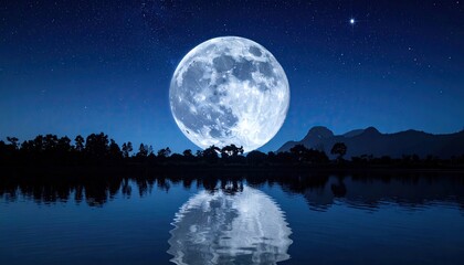 Fototapeta premium Full Moon Reflecting on Calm Lake Water with Silhouetted Trees Against Starry Sky in Dark Blue Night Peaceful Scenery