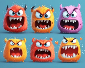 Angry fluffy monsters in various colors