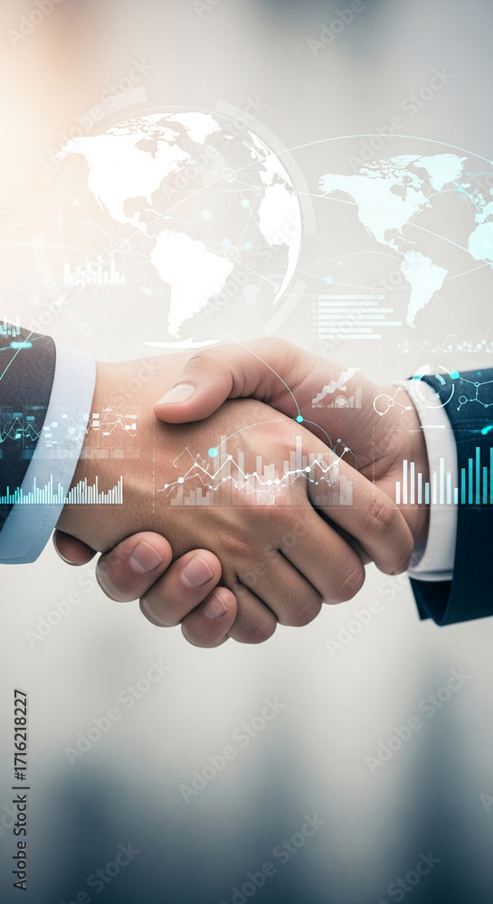 Poster close-up of two hands shaking, overlaid with a translucent world map and graphs, symbolizing global 