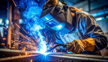 Skilled welder at work with bright sparks flying during metal fabrication in a workshop setting
