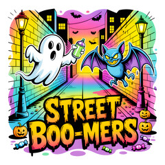 Obraz premium Whimsical halloween street boo-mers scene with ghost and bat characters isolated on transparent background