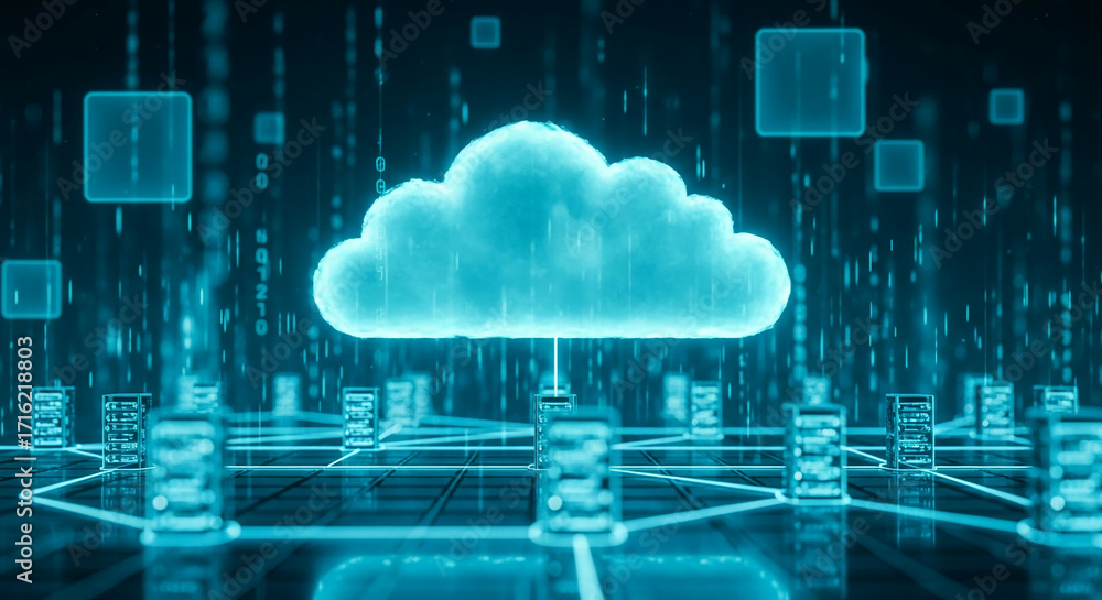 Poster cyan cloud computing network graphic, servers connected below cloud symbol, digital rain background,