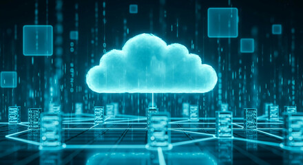 Cyan cloud computing network graphic, servers connected below cloud symbol, digital rain background, showcasing data storage and connectivity, symbolizing modern technology and data infrastructure