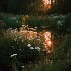 Sunset over pond with flowers