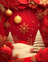 Christmas greeting card invitation festive background red and gold decor cozy winter wonderland elegant design concept